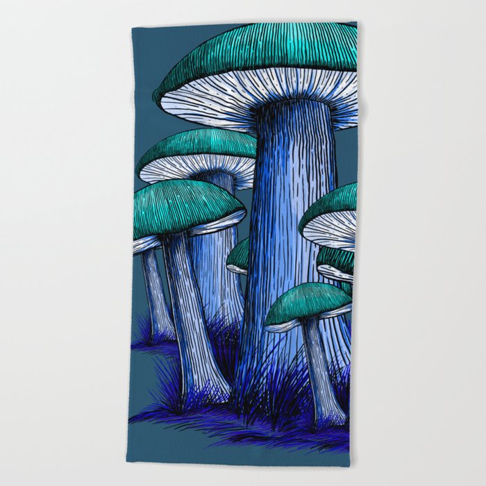Magically Blue Mushrooms Beach Towel