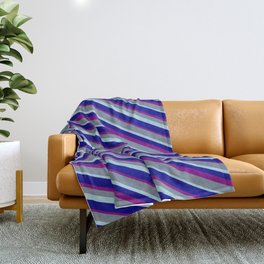 [ Thumbnail: Light Slate Gray, Light Blue, Dark Blue, and Purple Colored Lines/Stripes Pattern Throw Blanket ]