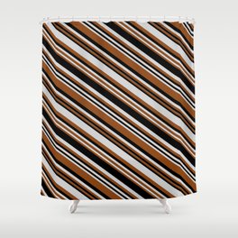 [ Thumbnail: Light Grey, Brown, and Black Colored Lines/Stripes Pattern Shower Curtain ]