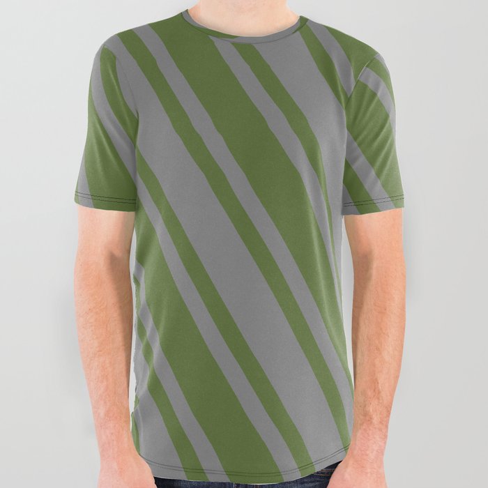 Grey and Dark Olive Green Colored Pattern of Stripes All Over Graphic Tee