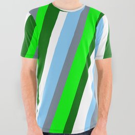 [ Thumbnail: Eye-catching Light Sky Blue, Light Slate Gray, Lime, Dark Green, and White Colored Stripes Pattern All Over Graphic Tee ]