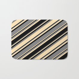 [ Thumbnail: Black, Grey & Beige Colored Striped Pattern Bath Mat ]