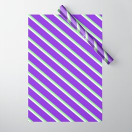 [ Thumbnail: Mint Cream, Purple, and Light Green Colored Stripes Pattern Wrapping Paper ]