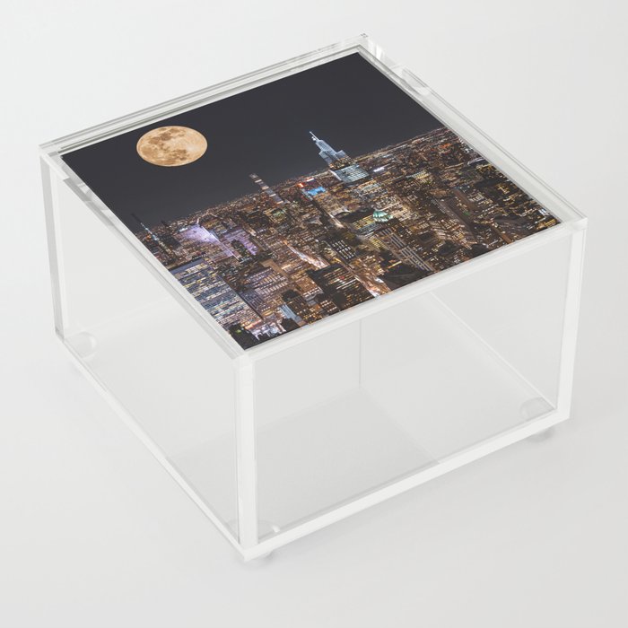 New York City Full Moon | NYC Skyline at Night | Photography and Collage Acrylic Box