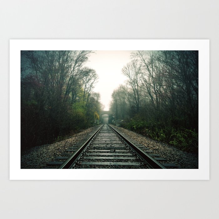 Creepy foggy railroad Art Print
