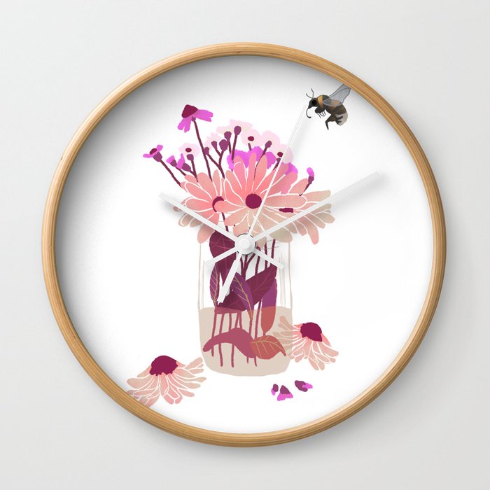 Bumble Bee Blossoms || Delicate Pink Wall Clock