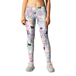 Pastel candy-colored skulls with cats, bats, and witchy things - halloween, bone Leggings