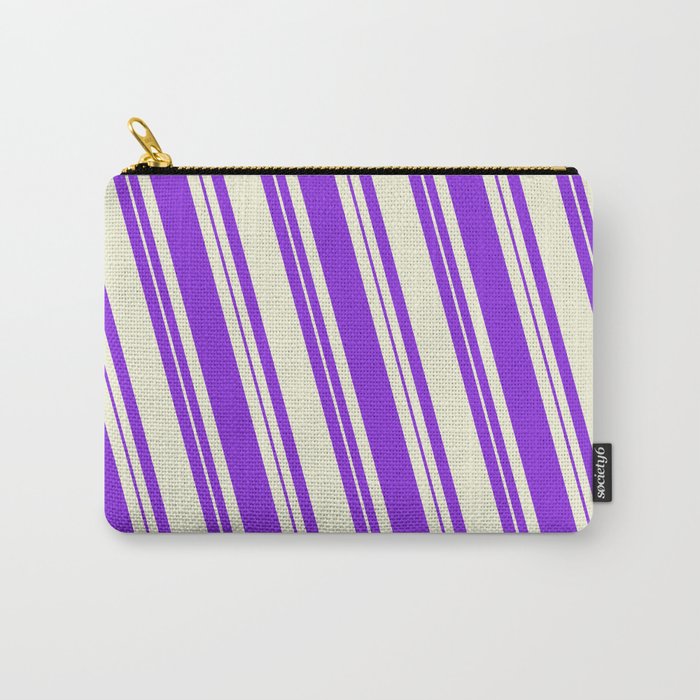 Beige and Purple Colored Lined Pattern Carry-All Pouch