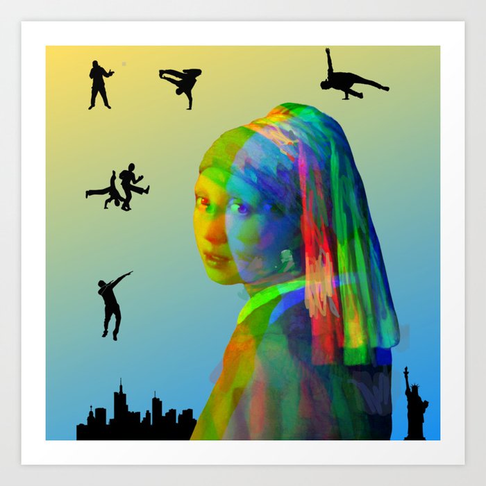 Vermeer's Model in New York City - Yellow and Blue Background Art Print