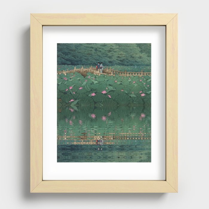 The lily pond at Benten Shrine in Shiba, Japan floral Japanese landscape painting by Kawase Hasui Recessed Framed Print