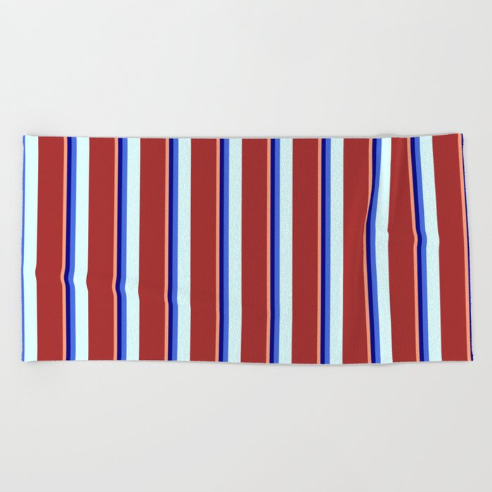 Eyecatching Light Salmon, Blue, Royal Blue, Light Cyan, and Brown Colored Lined/Striped Pattern Beach Towel