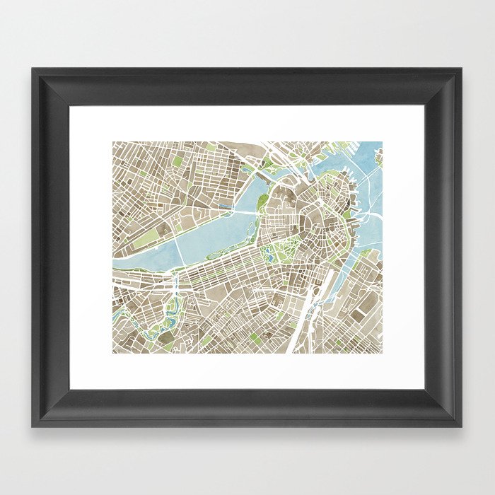 Boston Sepia Watercolor Map Framed Art Print