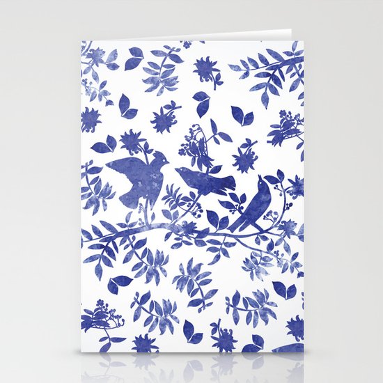 Pattern with blue watercolor birds Stationery Cards