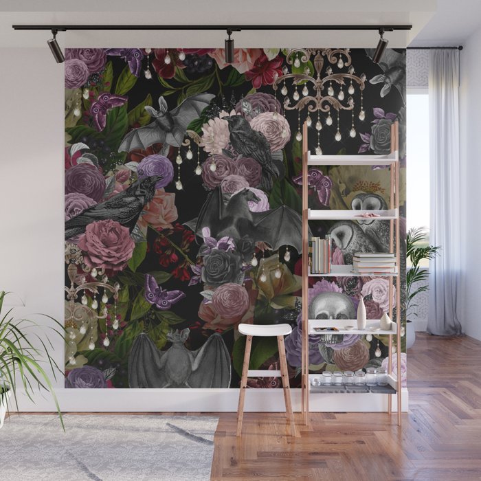 Vintage Floral Gothic and Bat Halloween Wall Mural