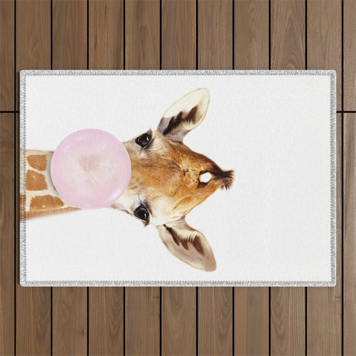 Baby Giraffe Blowing Bubble Gum by Zouzounio art Outdoor Rug