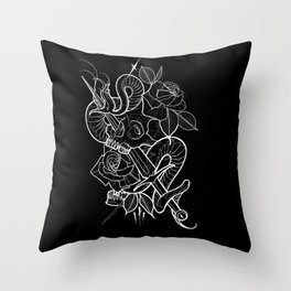 of rose and fang Throw Pillow | Linework, Digital, Darkart, Drawing, Skullrosedagger, Snake, Rose, Skull, Dagger, Tattooart 