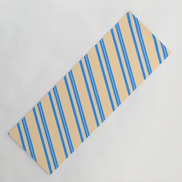 [ Thumbnail: Blue and Tan Colored Stripes Pattern Yoga Mat ]