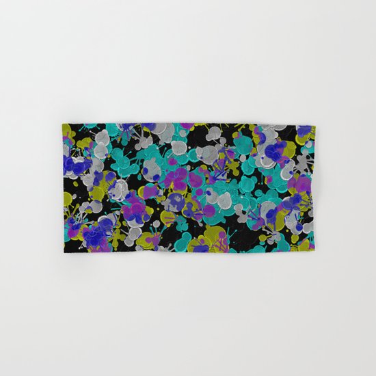 Dark Splatter - Abstract, paint splatter pattern in black, cyan, yellow, white and green Hand & Bath Towel