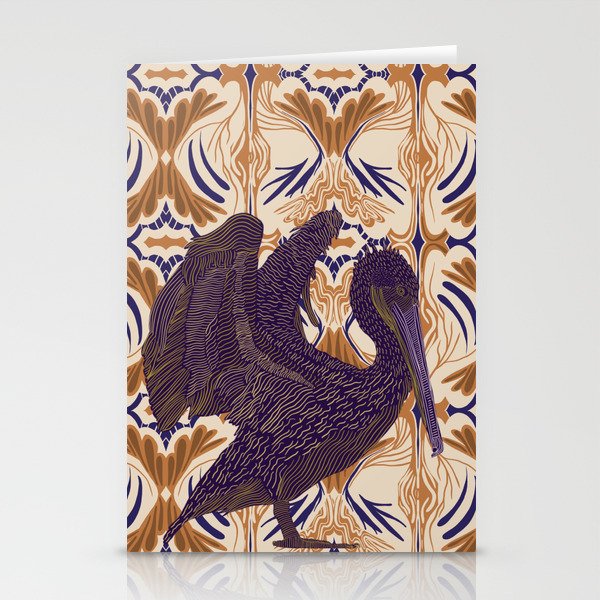 Open winged pelican bird on pattern background - purple Stationery Cards