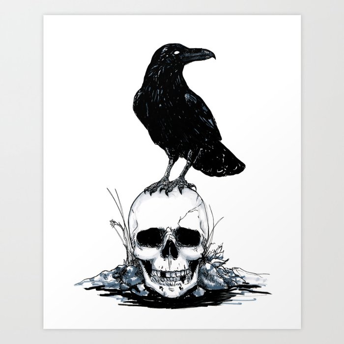 Raven and Skull Spooky Black and White art print
