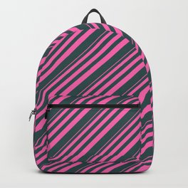 [ Thumbnail: Hot Pink and Dark Slate Gray Colored Stripes Pattern Backpack ]