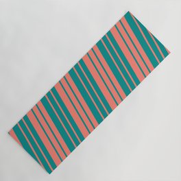 [ Thumbnail: Salmon and Dark Cyan Colored Lined/Striped Pattern Yoga Mat ]