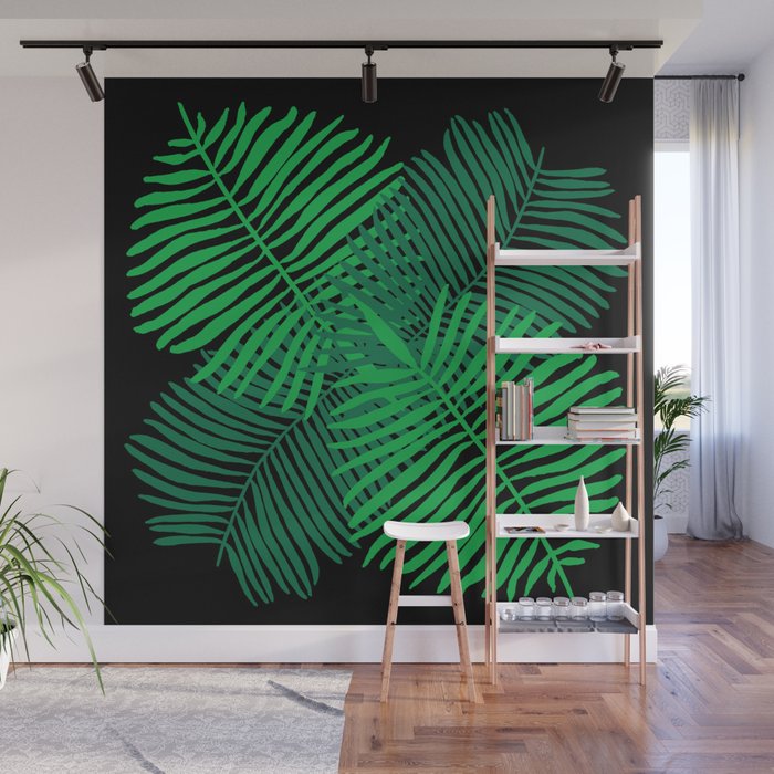 Modern Tropical Palm Leaves Painting Black Background Wall Mural