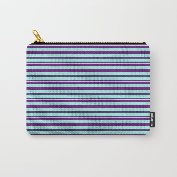 Purple & Aquamarine Colored Pattern of Stripes Carry-All Pouch
