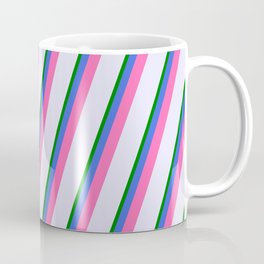 [ Thumbnail: Lavender, Green, Royal Blue & Hot Pink Colored Pattern of Stripes Coffee Mug ]
