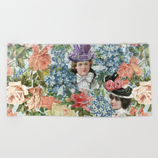 Vintage Botanical Flower Lady with Hut Pattern Beach Towel
