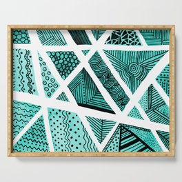 Geometric doodle pattern - turquoise and black Serving Tray