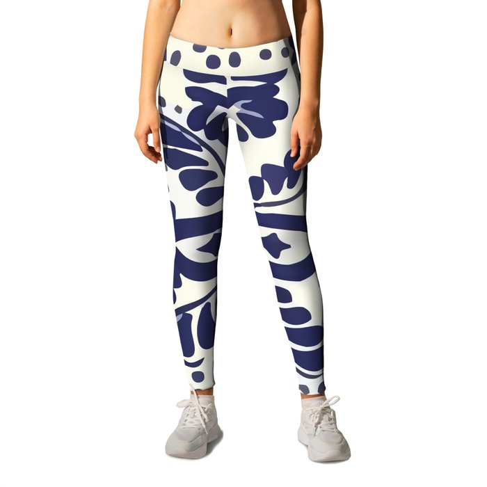 Navy blue leaves abstract bold mexican vintage tile interior design Leggings