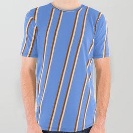 [ Thumbnail: Cornflower Blue, Brown, and Bisque Colored Lines Pattern All Over Graphic Tee ]