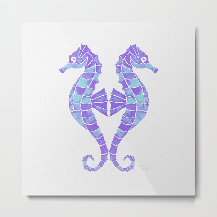 Watercolor Seahorses - Lavender and Teal Metal Print
