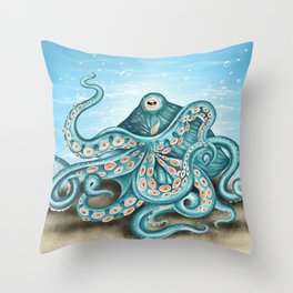 Octopus Tentacles Teal Bubbles Kraken Art Throw Pillow