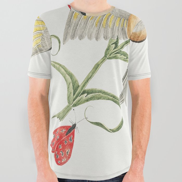 Illustration of a brown bird with red head on carnation stem with butterflies All Over Graphic Tee