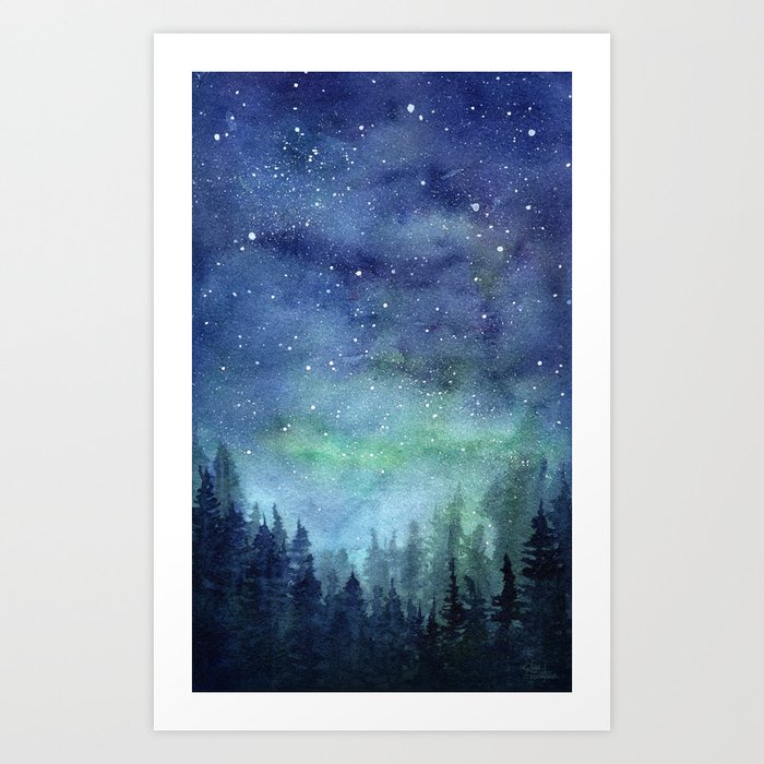 Watercolor Galaxy Nebula Northern Lights Painting Art Print By