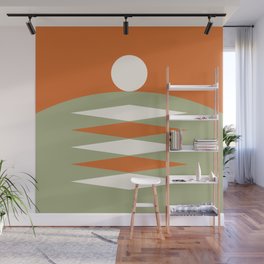 Abstract Geometric Sunrise 17 in Sage Green Orange Wall Mural