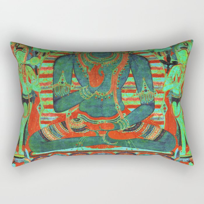 Psychedelic Buddha Lotus Thangka Green Rectangular Pillow