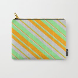 [ Thumbnail: Light Green, Orange & Light Grey Colored Lined/Striped Pattern Carry-All Pouch ]