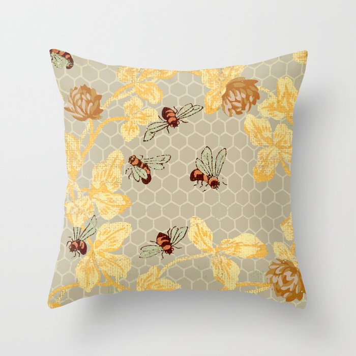 Vintage Bees with Honeycomb Throw Pillow