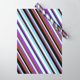 [ Thumbnail: Eyecatching Light Cyan, Dark Orchid, Brown, Black & Sky Blue Colored Stripes/Lines Pattern Wrapping Paper ]