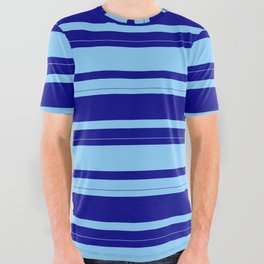 [ Thumbnail: Dark Blue and Light Sky Blue Colored Stripes Pattern All Over Graphic Tee ]