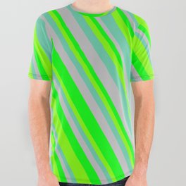 [ Thumbnail: Grey, Lime, Chartreuse, and Aquamarine Colored Lined/Striped Pattern All Over Graphic Tee ]