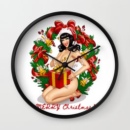 Pinup girl with Christmas gift sit | Merry Christmas! Wall Clock