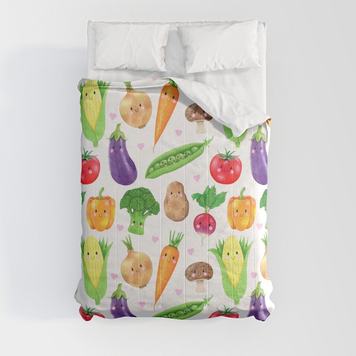 Veggie Friends on White Comforter