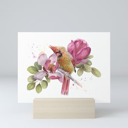 Cardinal et fleurs de Magnolia portrait à l'aquarelle de Marussa Art et Nature Mini Art Print
