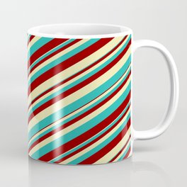 [ Thumbnail: Pale Goldenrod, Light Sea Green, and Dark Red Colored Striped Pattern Coffee Mug ]