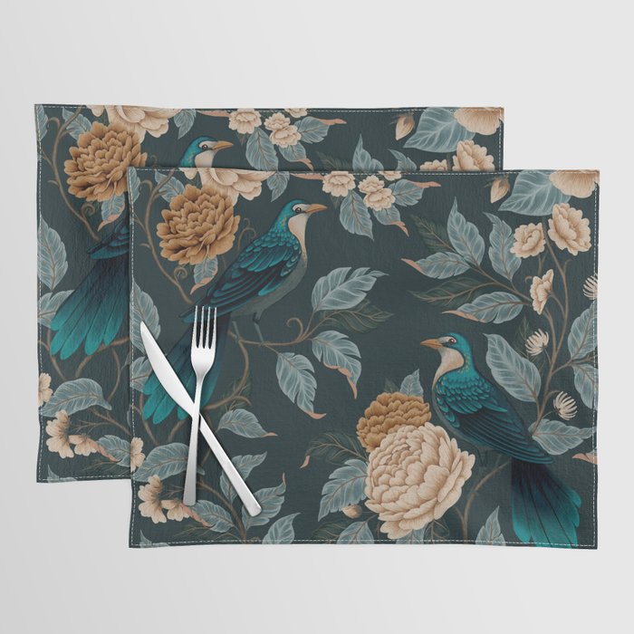 Spring Song - Dark Teal Birds and Floral Print Placemat