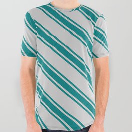 [ Thumbnail: Light Gray & Teal Colored Lined Pattern All Over Graphic Tee ]